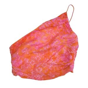 Zara Floral One Shoulder Top‎ Pink Orange Sleeveless Ruched Blouse Women's